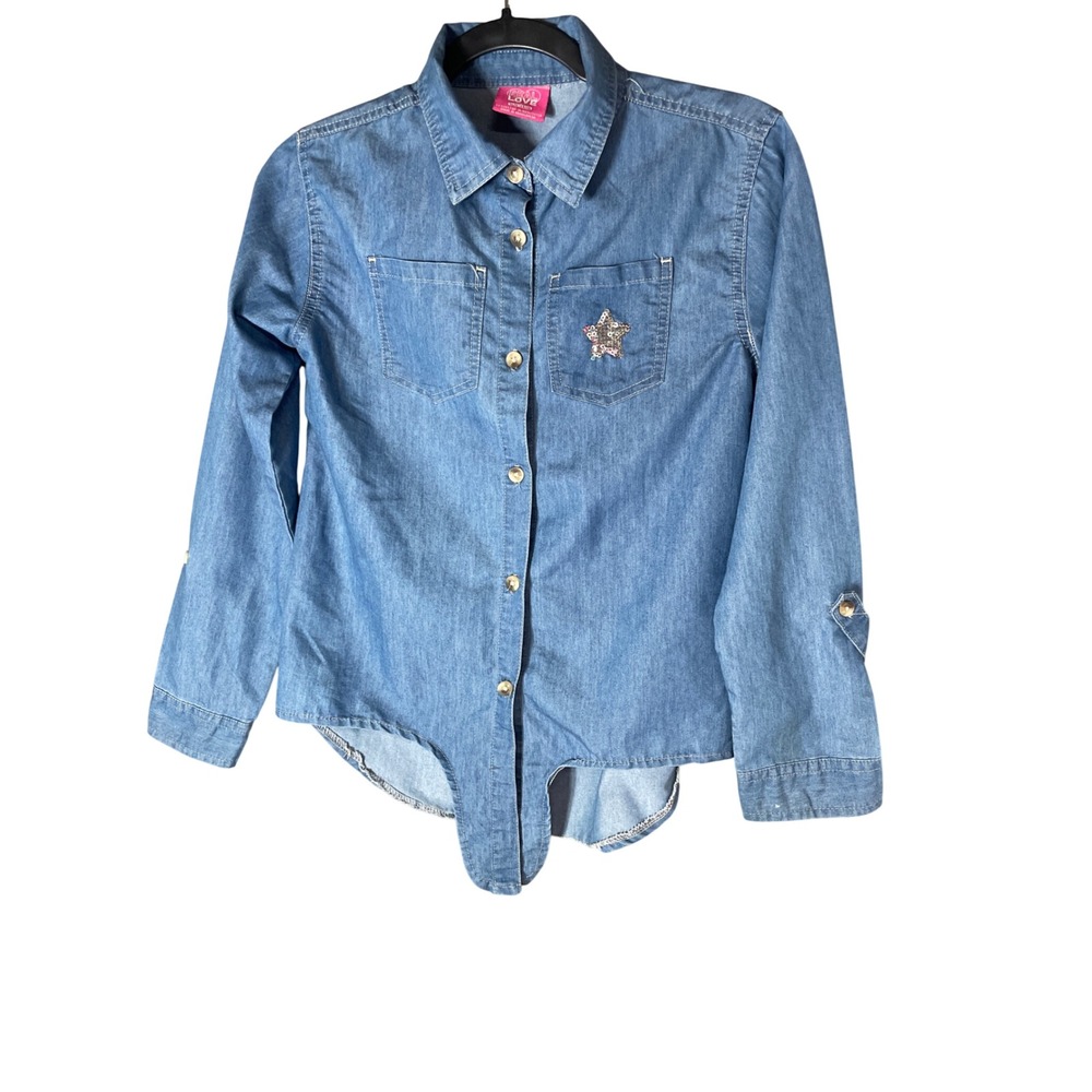 Real Love Girls Blue Denim Button Down Shirt Sequin Star Tie Front Size 14/16